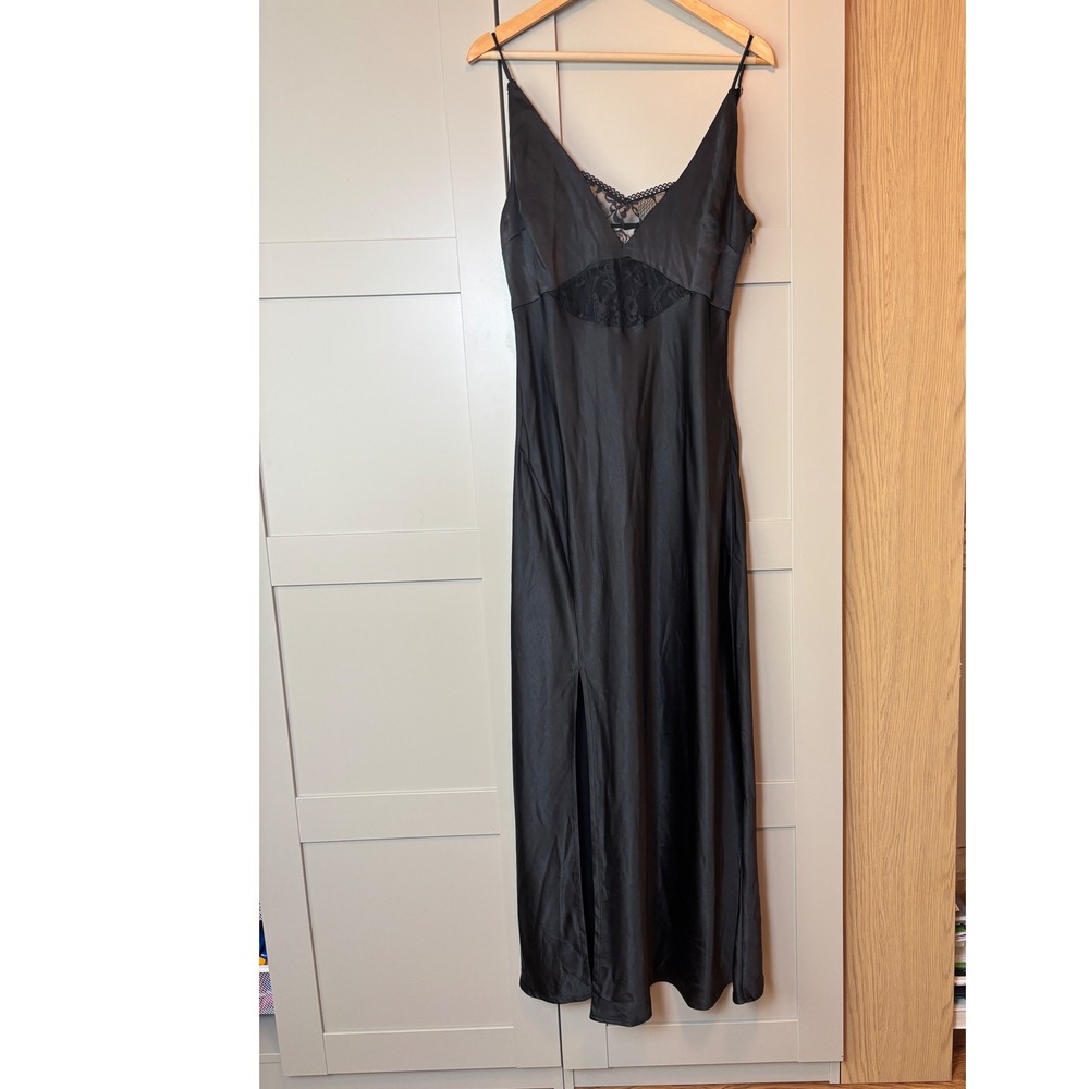 Here Comes The Sun Black Satin Lace Cutout Maxi Dress XL Side Slit Formal